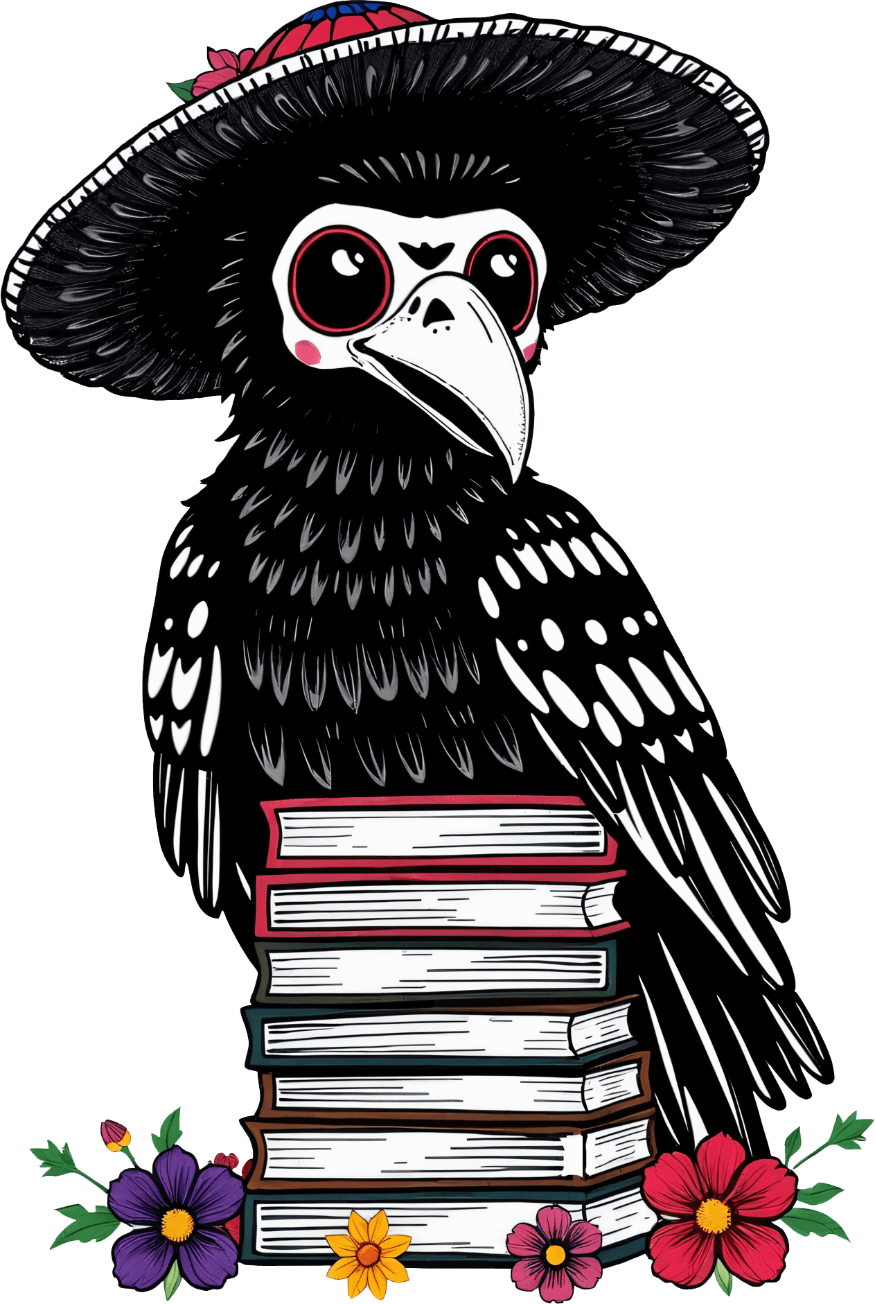 Crow wearing a hat with a stack of books