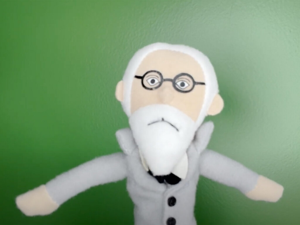 hand puppet of a psychiatrist on a green background